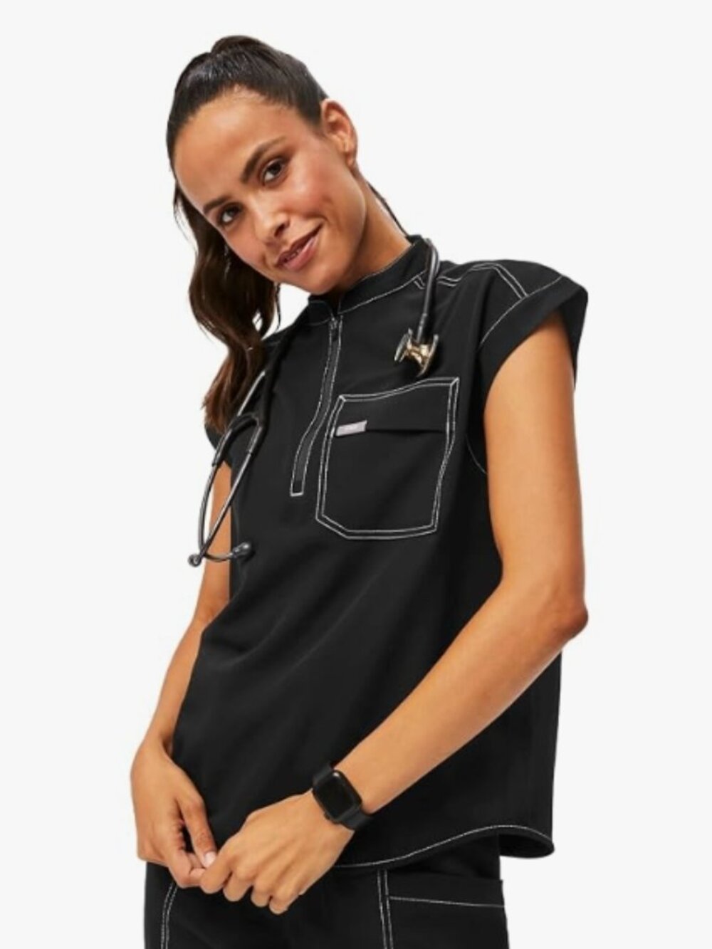 Like New! FIGS Mary Zip Front Cargo Scrub Top Black PO#4700 Size M